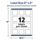 Avery Laser/Inkjet Square Multipurpose Labels, 2" x 2", Matte White, 300 Labels/Pack (94107)