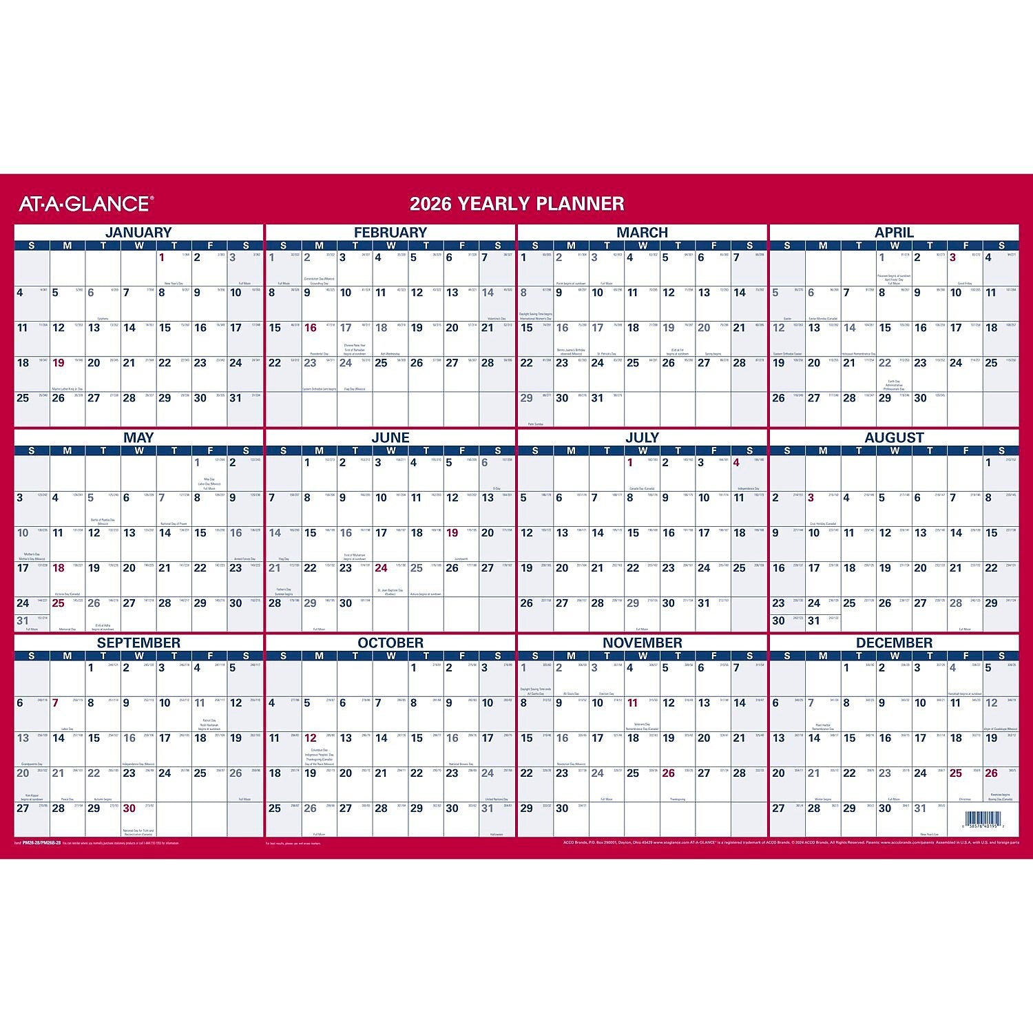 2026 AT-A-GLANCE 36" x 24" Yearly Dry Erase Wall Calendar, Reversible, White/Red (PM26-28-26)