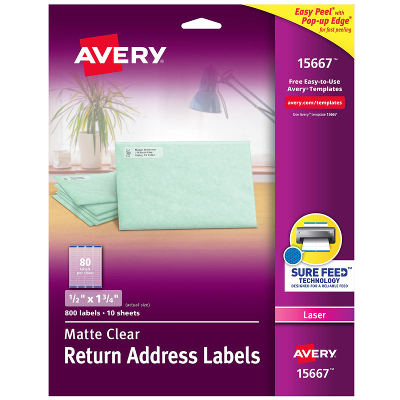 Avery Easy Peel Laser Return Address Labels, 1/2" x 1 3/4", Clear, 800 Labels/Pack (15667)