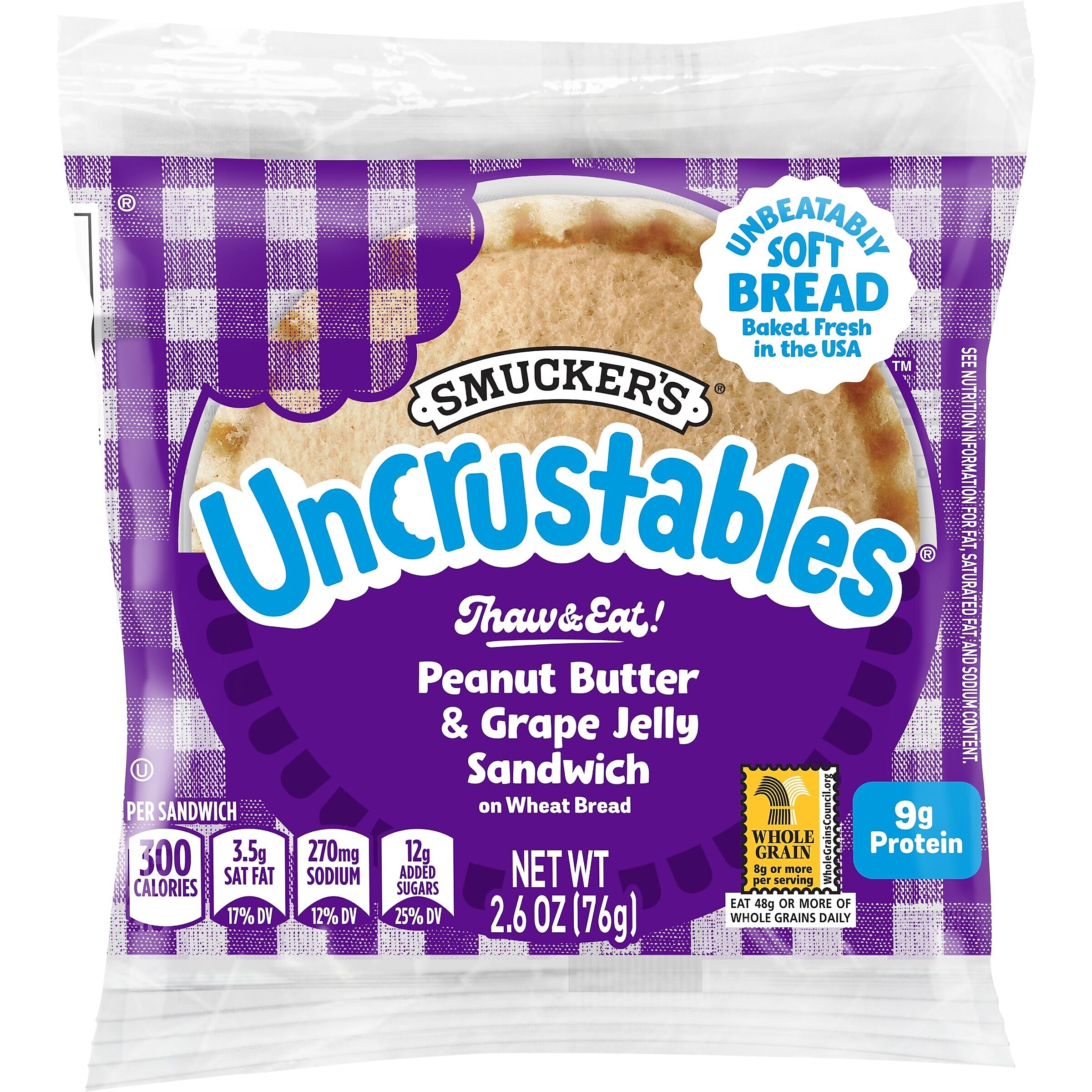 Smuckers Uncrustables Wheat Peanut Butter & Grape Jelly Sandwich, 2.6 oz., 48/Count (220-02219)
