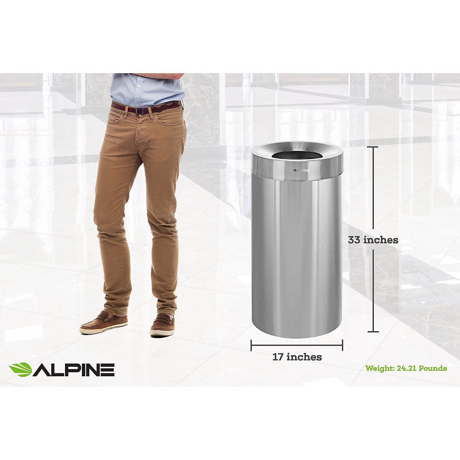 Alpine Industries Stainless Steel Trash Can, 27 Gallon, Silver, 2/Pack (ALP475-27-2PK)
