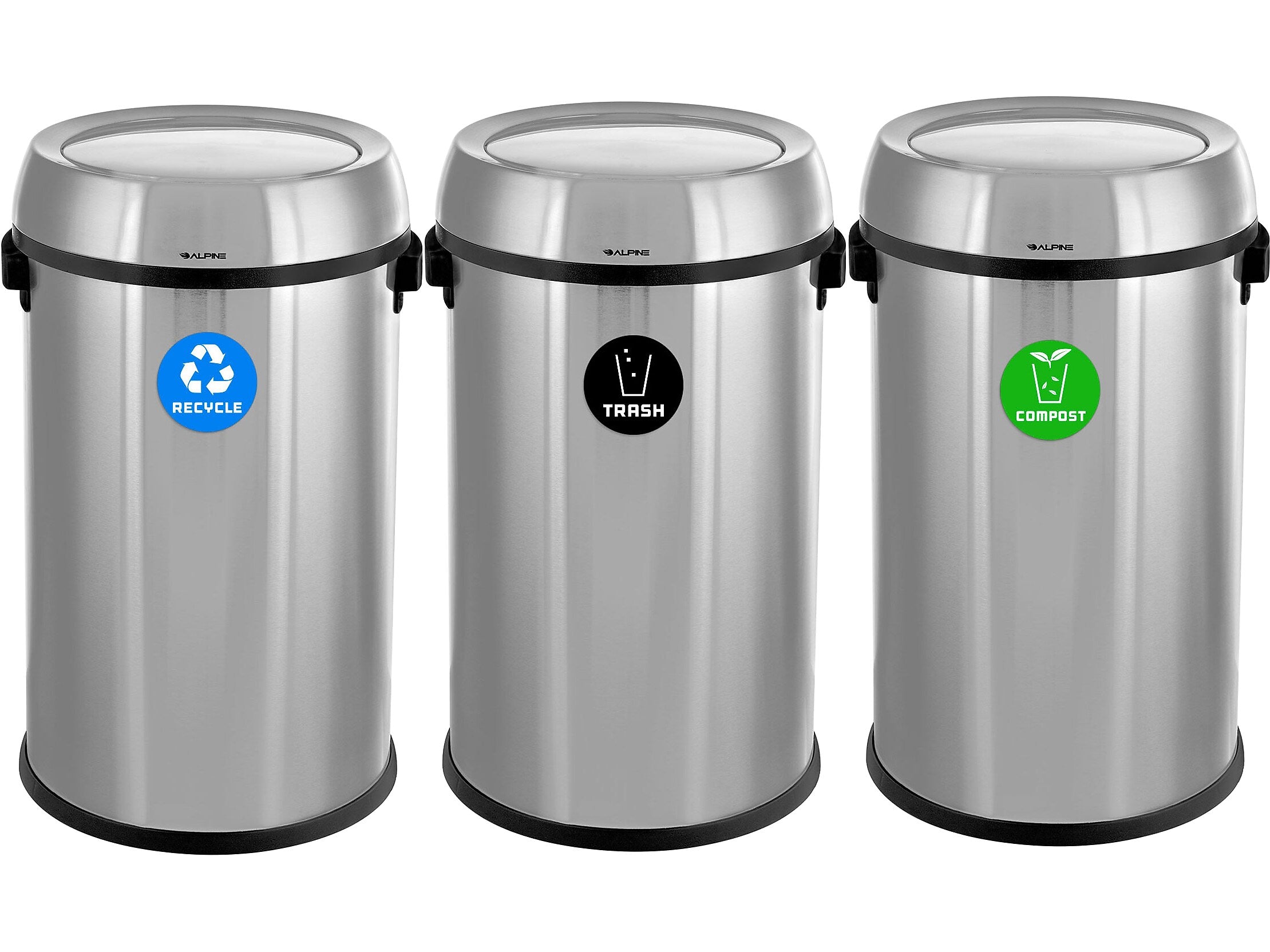 Alpine Industries Three-Stream Trash/Compost/Recycling Station, 51-Gallon, Stainless Steel (ALP470-65L-1-R-T-CO)