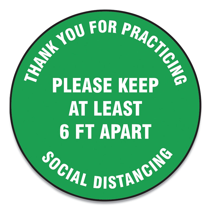 Accuform Slip-Gard Floor Signs, 17" Circle, "Thank You For Practicing Social Distancing...", Green, 25/PK (GN1MFS425ESP)