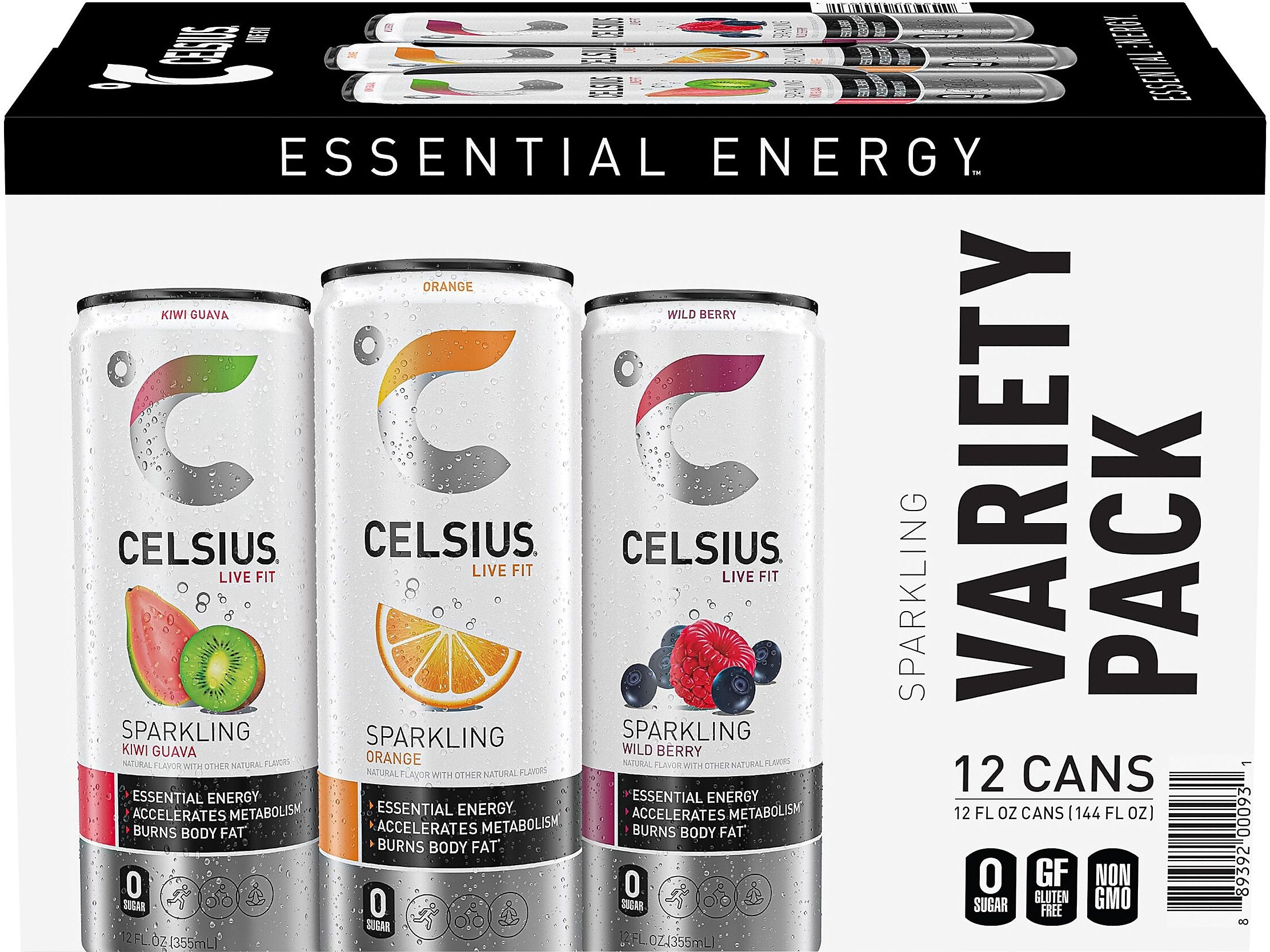 Celsius Sugar-Free Kiwi Guava, Orange, Wild Berry Variety Pack Sparkling Energy Drink, 12 fl. oz., 12 Cans/Carton (00097)