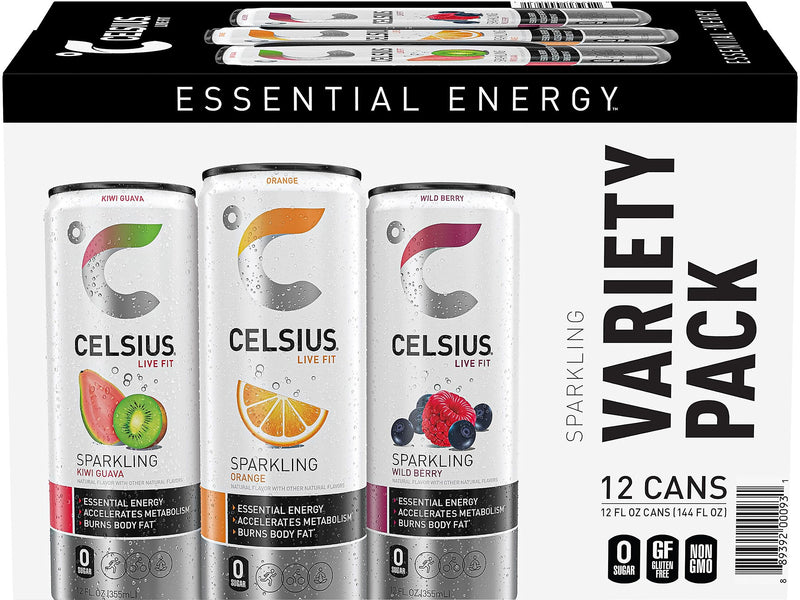 Celsius Sugar-Free Kiwi Guava, Orange, Wild Berry Variety Pack Sparkling Energy Drink, 12 fl. oz., 12 Cans/Carton (00097)