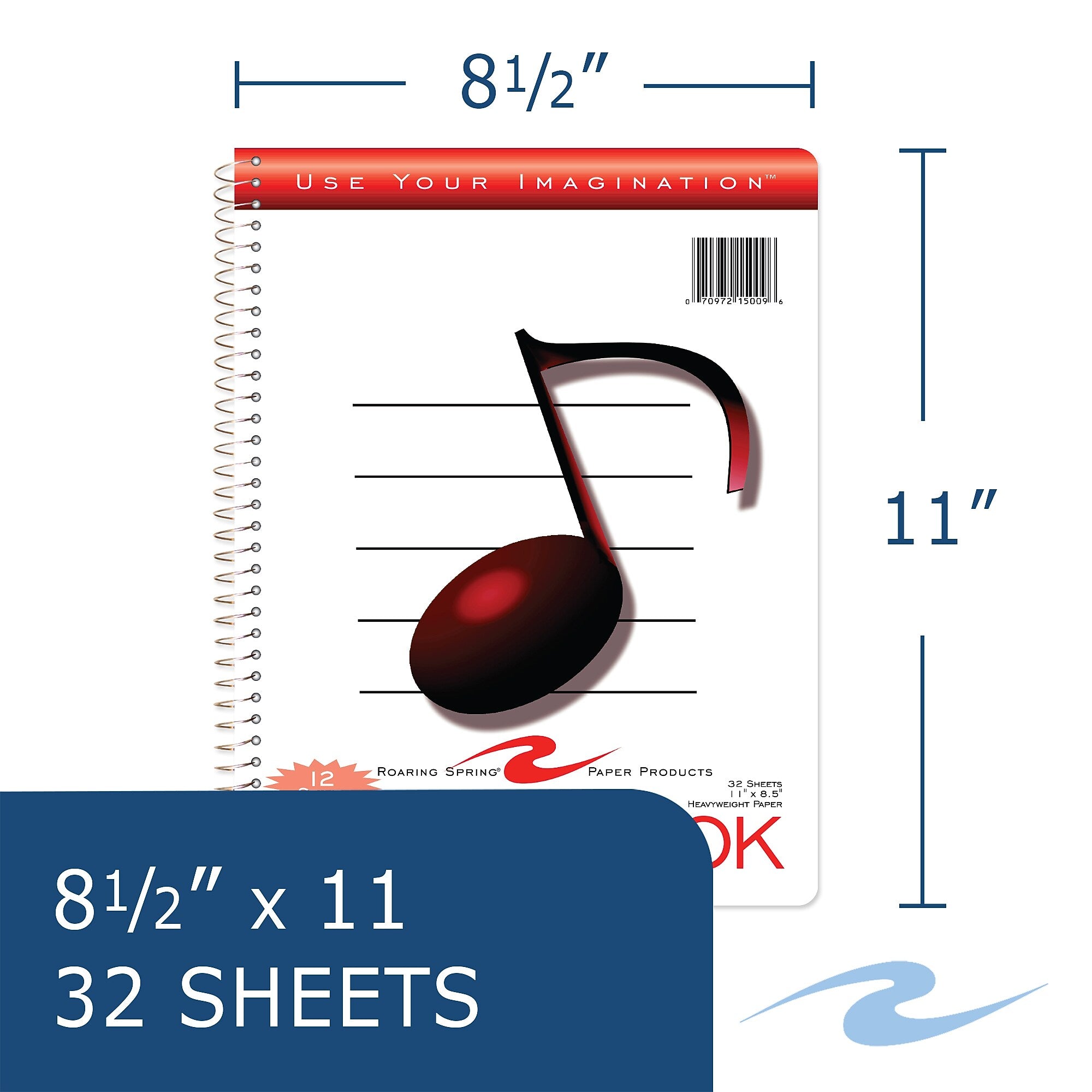 Roaring Spring Paper Products Music Composition Notebook, 11" x 8.5", 32 Sheets, White (15009)