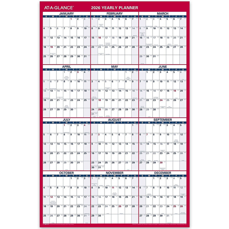 2026 AT-A-GLANCE 36" x 24" Yearly Wall Calendar, Reversible, White/Red (PM212-28-26)