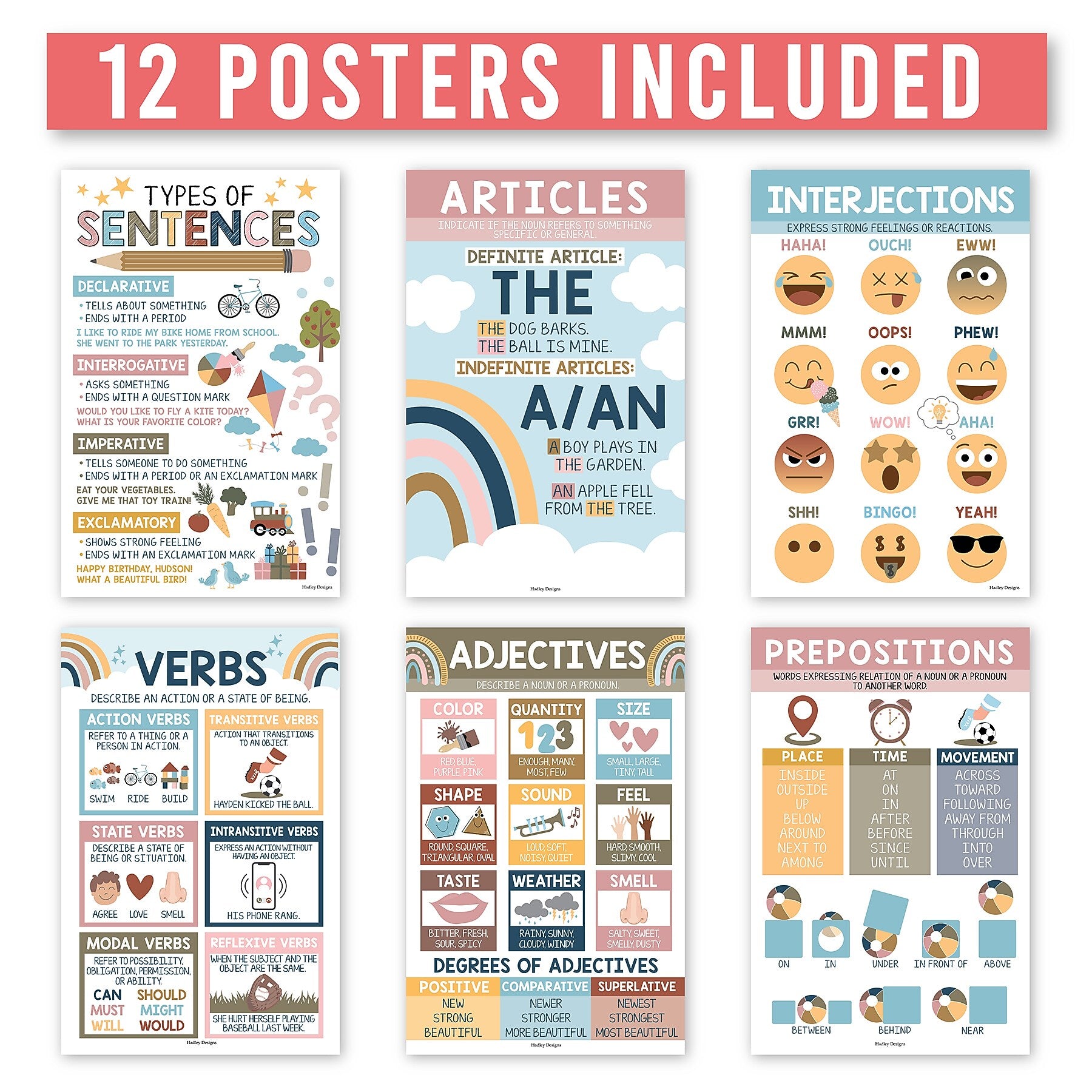 Hadley Designs 11" x 17" Boho Parts of Speech Language Arts and Grammar Laminated Posters, 12/Set (HDDX004A2K2JT)