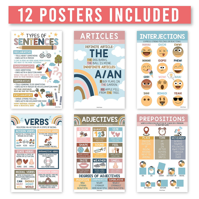 Hadley Designs 11" x 17" Boho Parts of Speech Language Arts and Grammar Laminated Posters, 12/Set (HDDX004A2K2JT)
