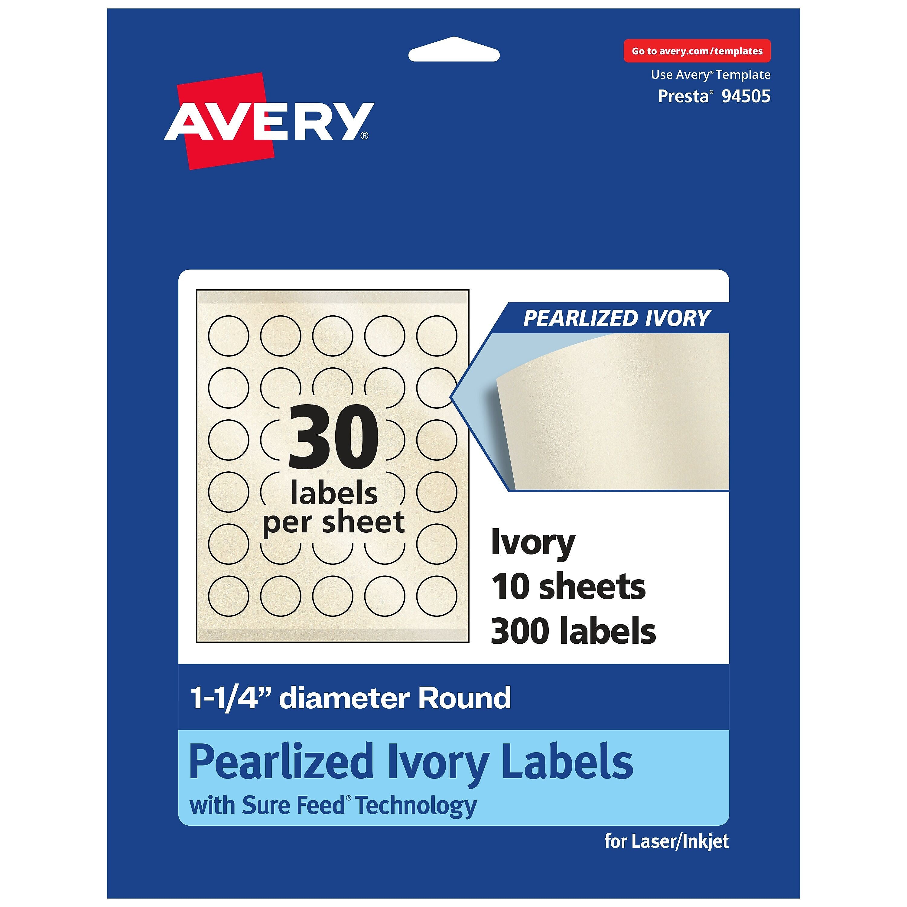 Avery Laser/Inkjet Round Multipurpose Labels, 1.25" Dia., Ivory, 300 Labels/Pack (94505)