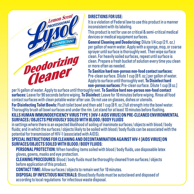 Lysol Professional Disinfecting Deodorizing Cleaner, Concentrate, Lemon Scent, 128 oz. (3624176334)