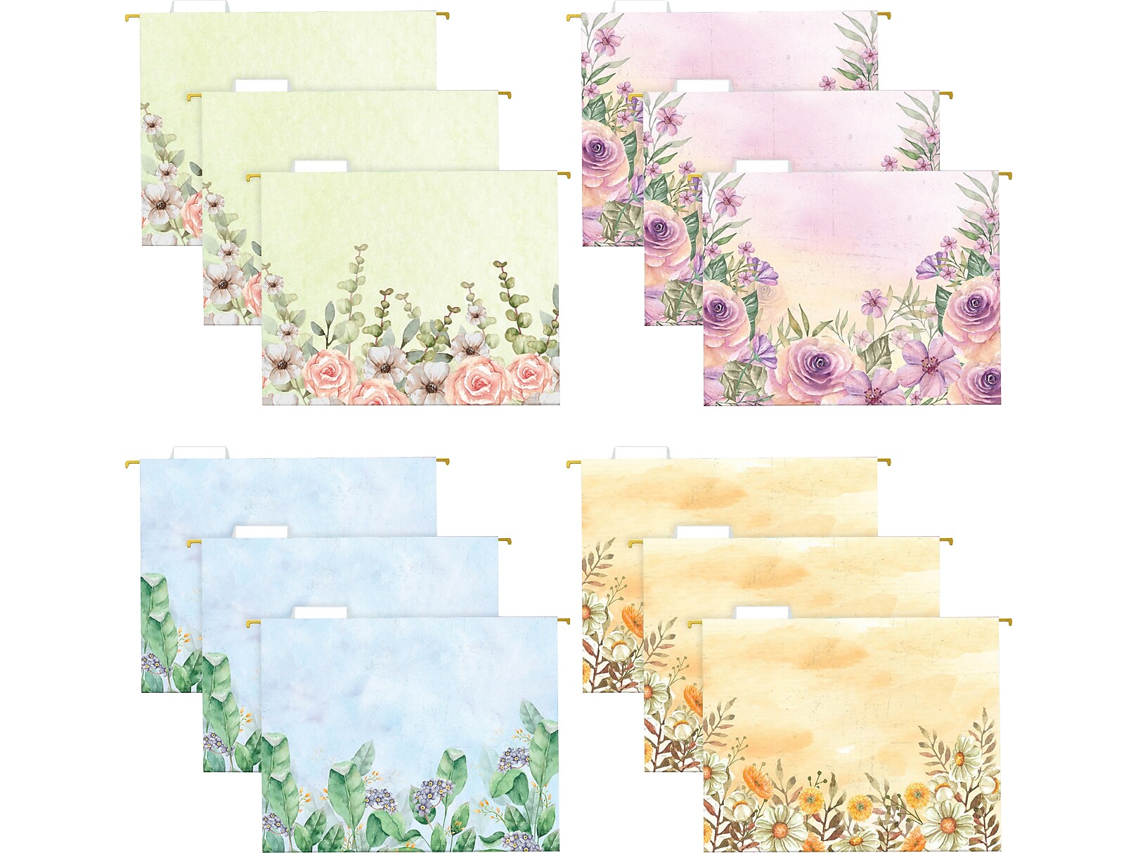 Global Printed Products Deluxe Designer Watercolor Floral Heavy-Duty Hanging File Folders, Letter-Size, Assorted Colors