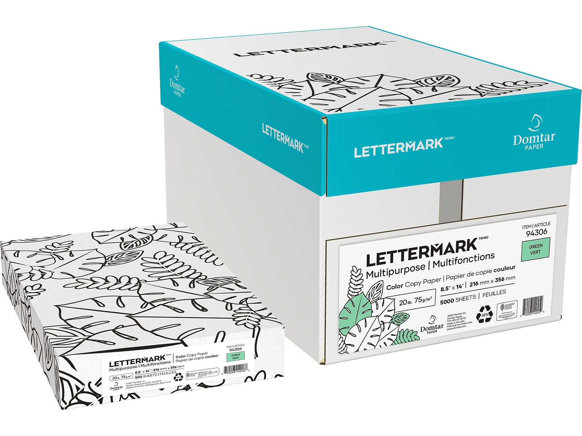 Lettermark Colors 30% Recycled 8.5" x 14" Multipurpose Paper, 20 lbs., Green, 5000/Carton (94306)