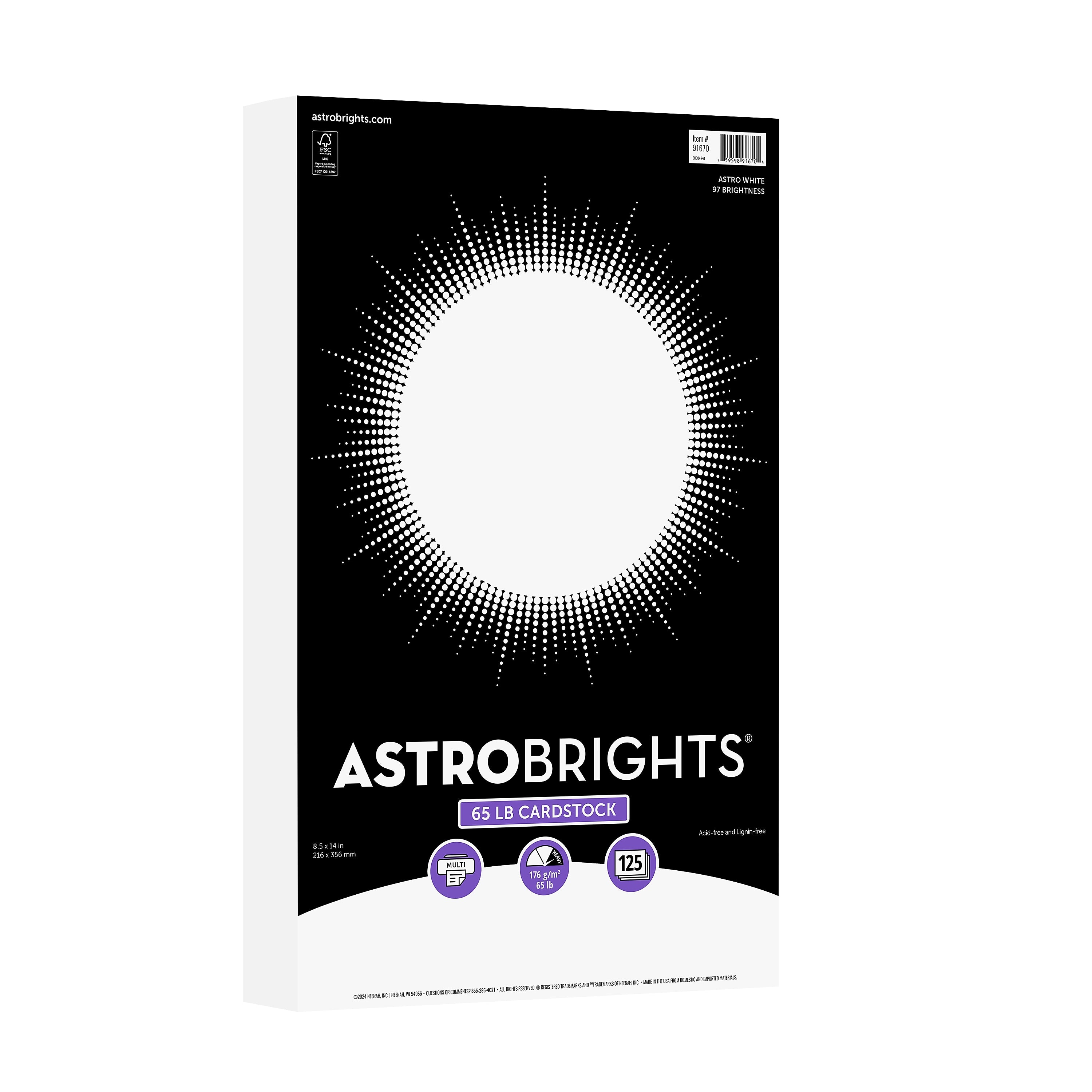 Astrobrights 65 lb. Cardstock Paper, 8.5" x 14", Astro White, 125 Sheets/Pack (91670-02)