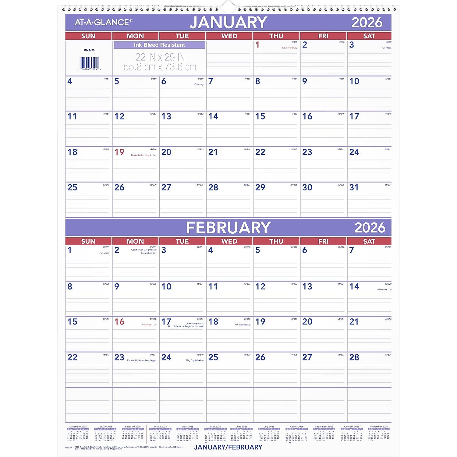 2026 AT-A-GLANCE 22" x 29" Two-Month Wall Calendar, White/Purple (PM9-28-26)