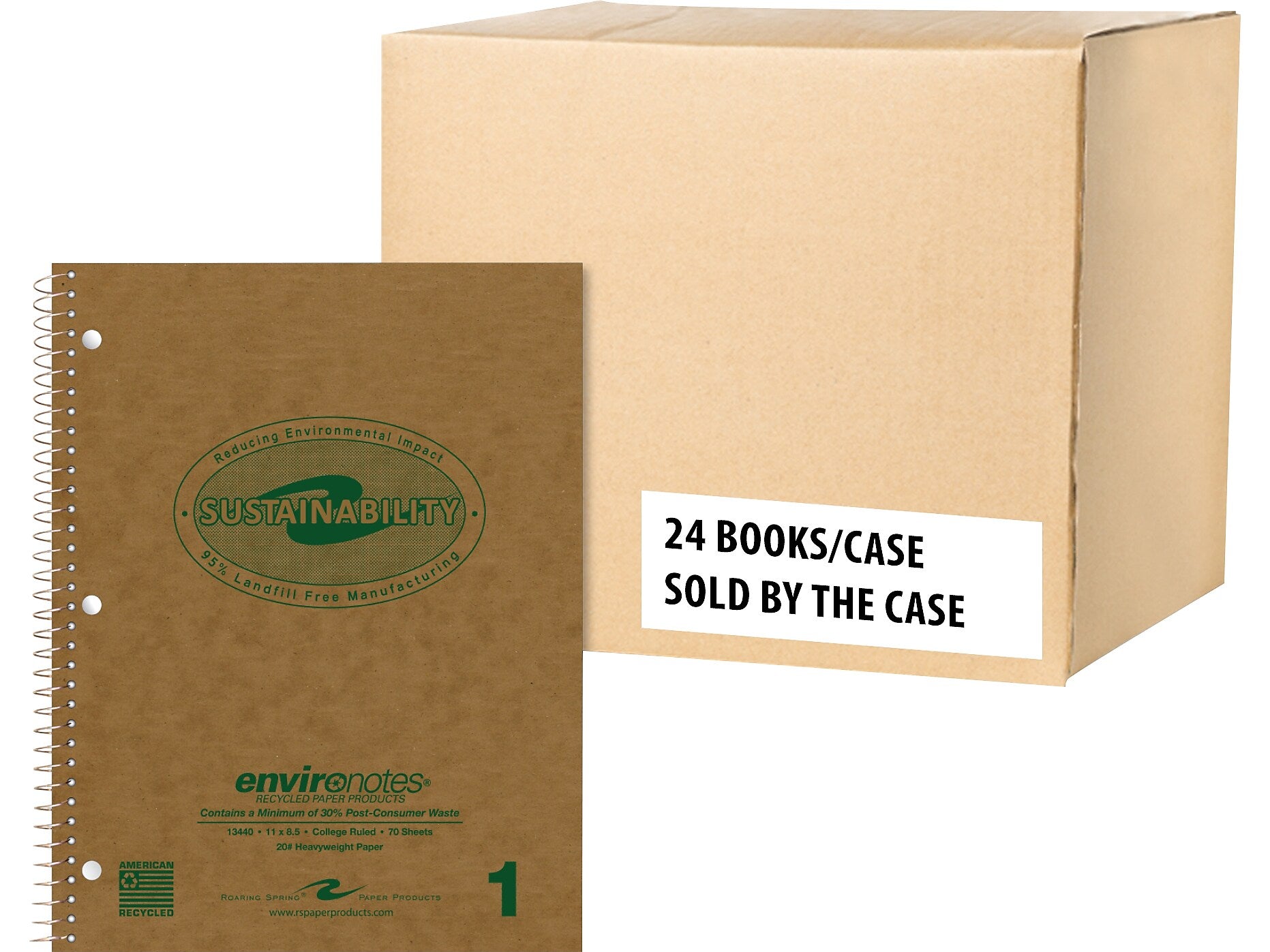 Roaring Spring Paper Products Environotes 1-Subject Notebooks, 8.5" x 11", College Ruled, 70 Sheets, Brown, 24/Pack (13440CS)
