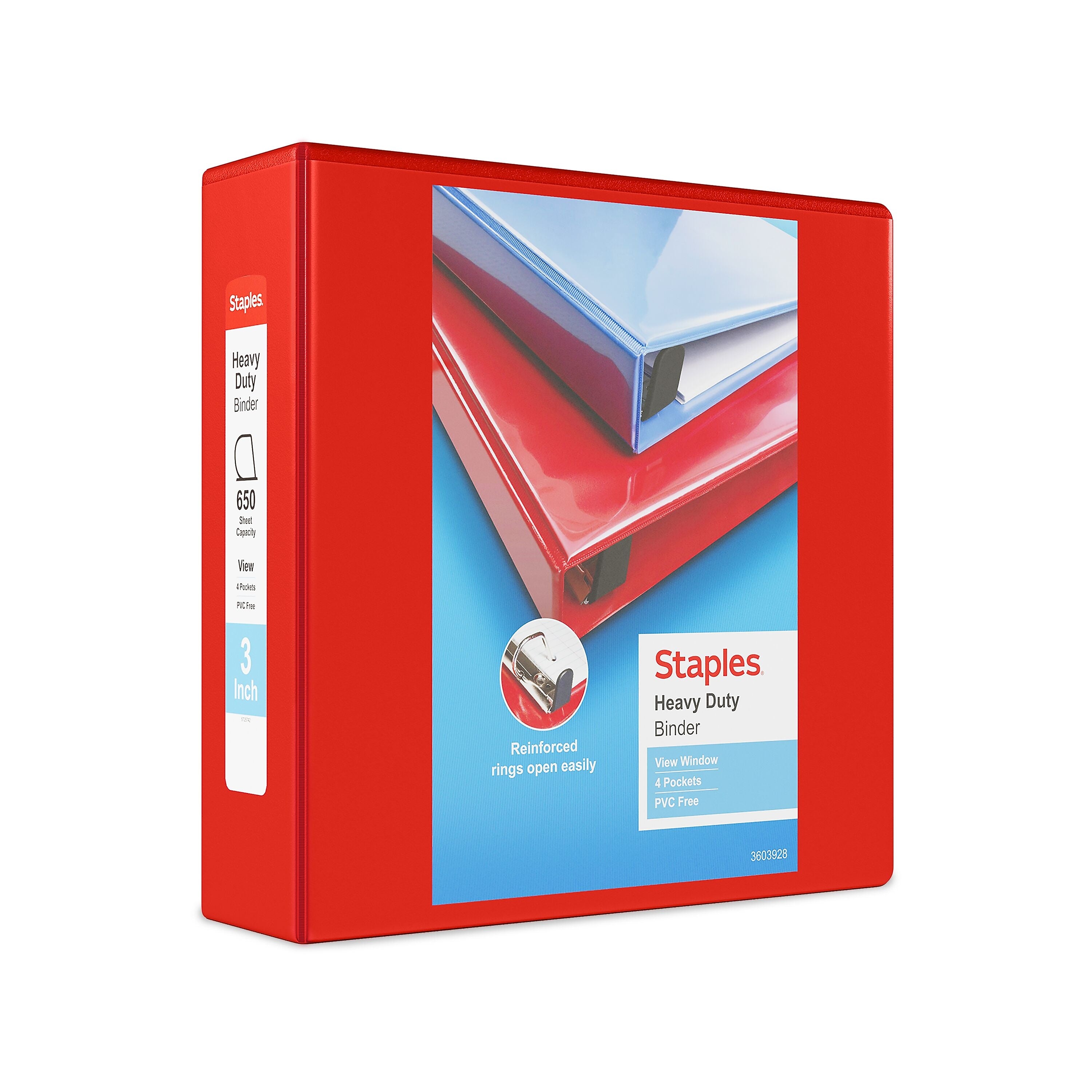 Staples Heavy Duty 3" 3-Ring View Binder, D-Ring, Red (ST56298-CC)