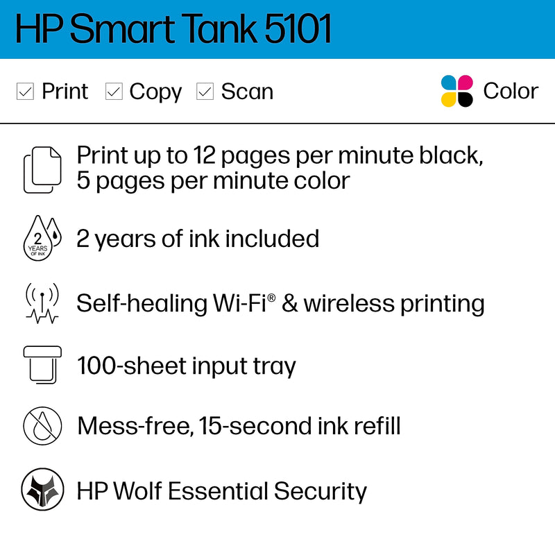 HP Smart Tank 5101 Wireless All-in-One Color Ink Tank Printer Scanner Copier, 2 years ink included (1F3Y0A)