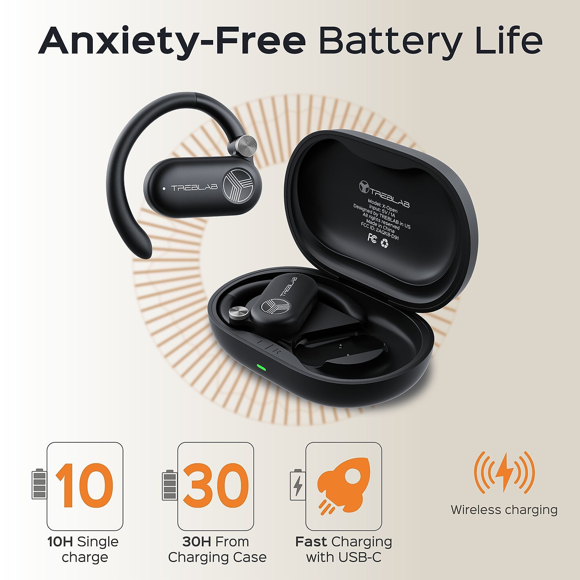 Treblab X-Open Wireless Noise Canceling Earbuds, Bluetooth, Black (X-Open)