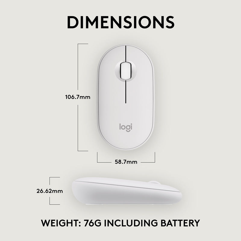 Logitech Pebble 2 M350s Wireless Ambidextrous Optical Mouse, Tonal White (910-007022)