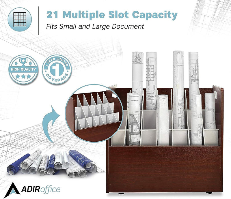 AdirOffice 21-Slot Mobile Roll File, 28.5"H x 30"W x 15.75"D, Mahogany (625-MA-KIT1)