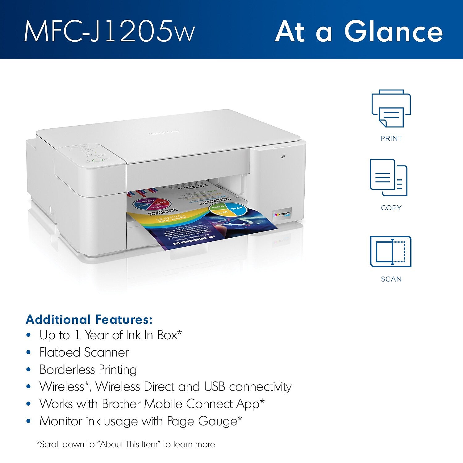Brother INKvestment Tank MFC-J1205W Wireless Color Inkjet Printer, All-In-One Supertank, Print, Scan, Copy