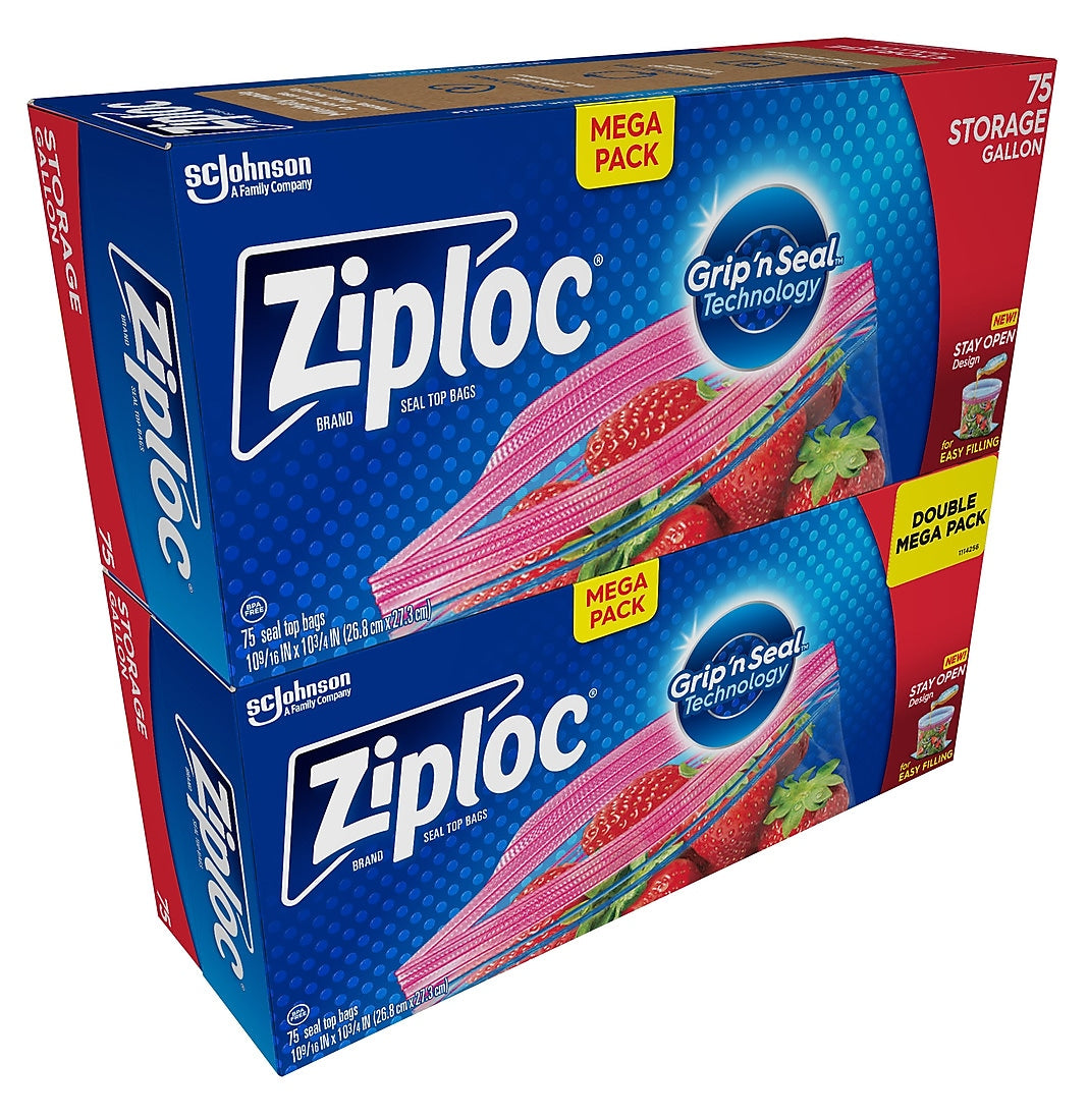Ziploc Storage Bag, Gallon, 75 Bags/Pack, 2 Packs/Carton (314480)