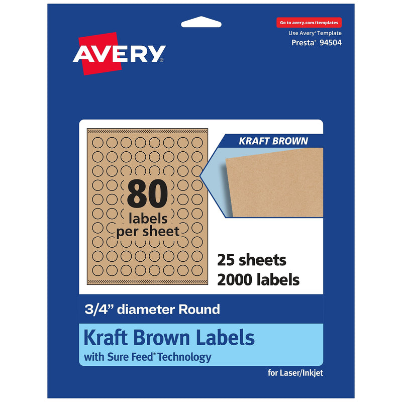 Avery Laser/Inkjet Round Multipurpose Labels, 0.75" Dia., Kraft Brown, 2,000 Labels/Pack (94504)