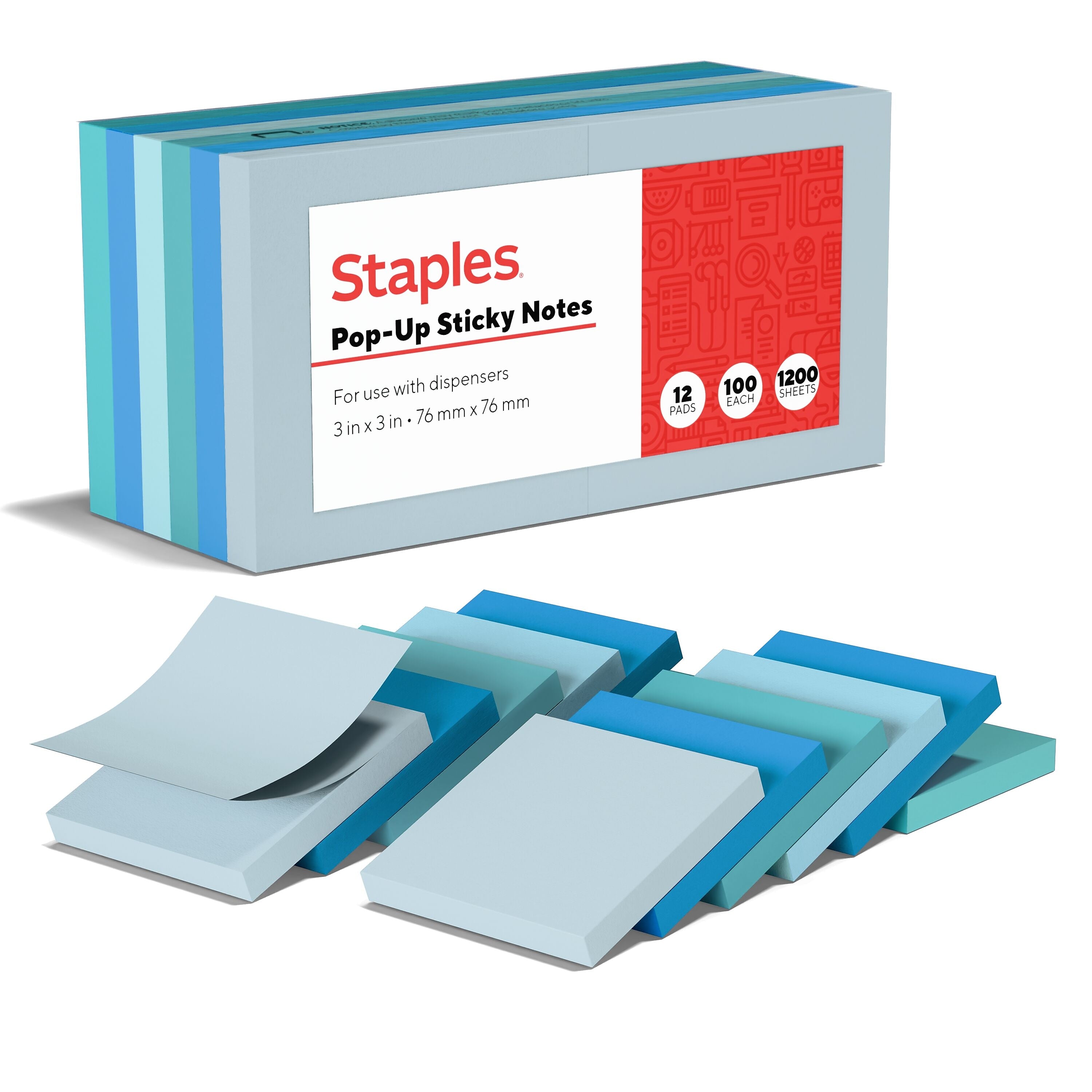 Staples® Pop-up Sticky Notes, 3" x 3", Ocean Views Collection, 100 Sheets/Pad, 12 Pads/Pack (S-33WCP12)