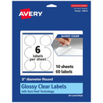 Avery Laser/Inkjet Round Multipurpose Labels, 3" Dia., Glossy Clear, 60 Labels/Pack (94513)