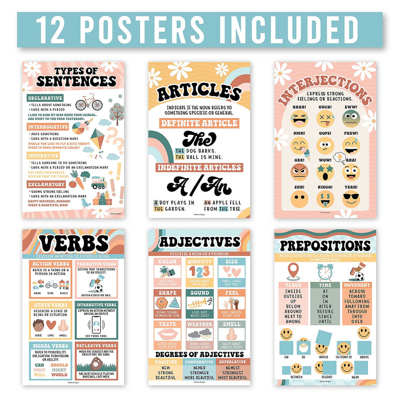 Hadley Designs 11" x 17" Retro Parts of Speech Language Arts and Grammar Laminated Posters, 12/Set (HDDX004A2EQ6J)