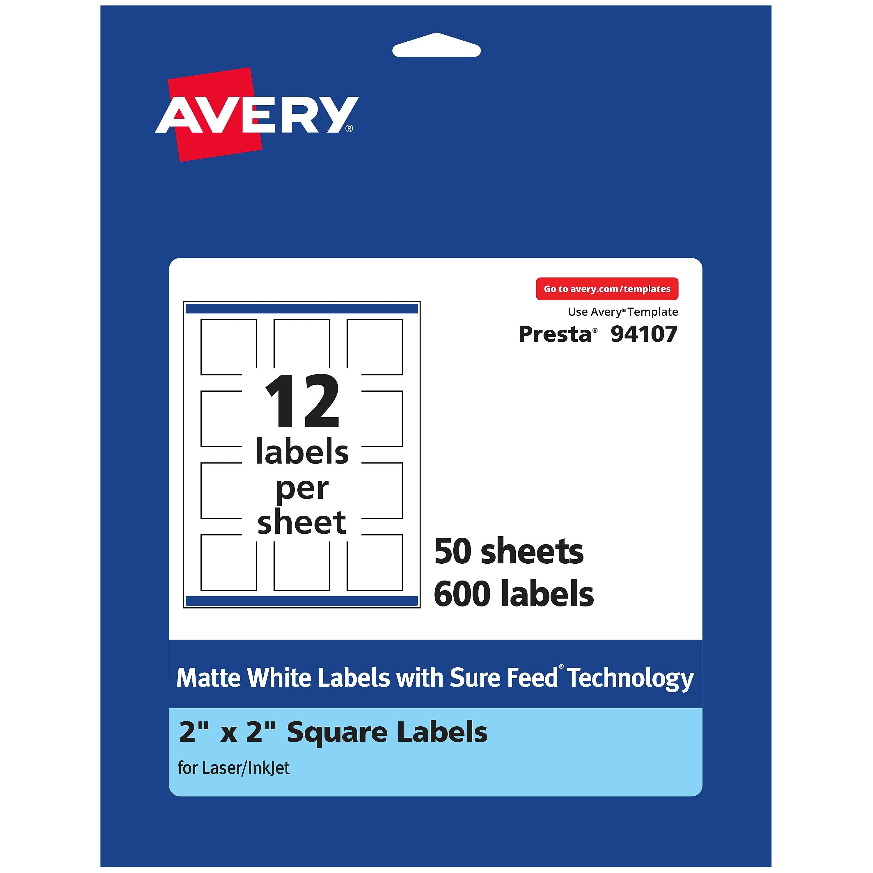 Avery Laser/Inkjet Square Multipurpose Labels, 2" x 2", Matte White, 600 Labels/Box (94107)