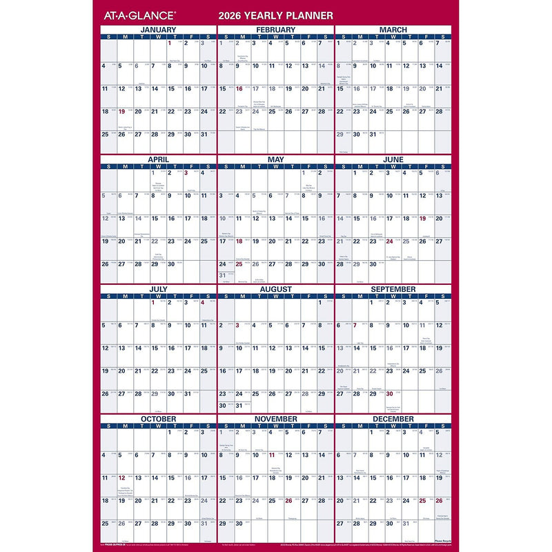 2026 AT-A-GLANCE 36" x 24" Yearly Dry Erase Wall Calendar, Reversible, White/Red (PM26-28-26)