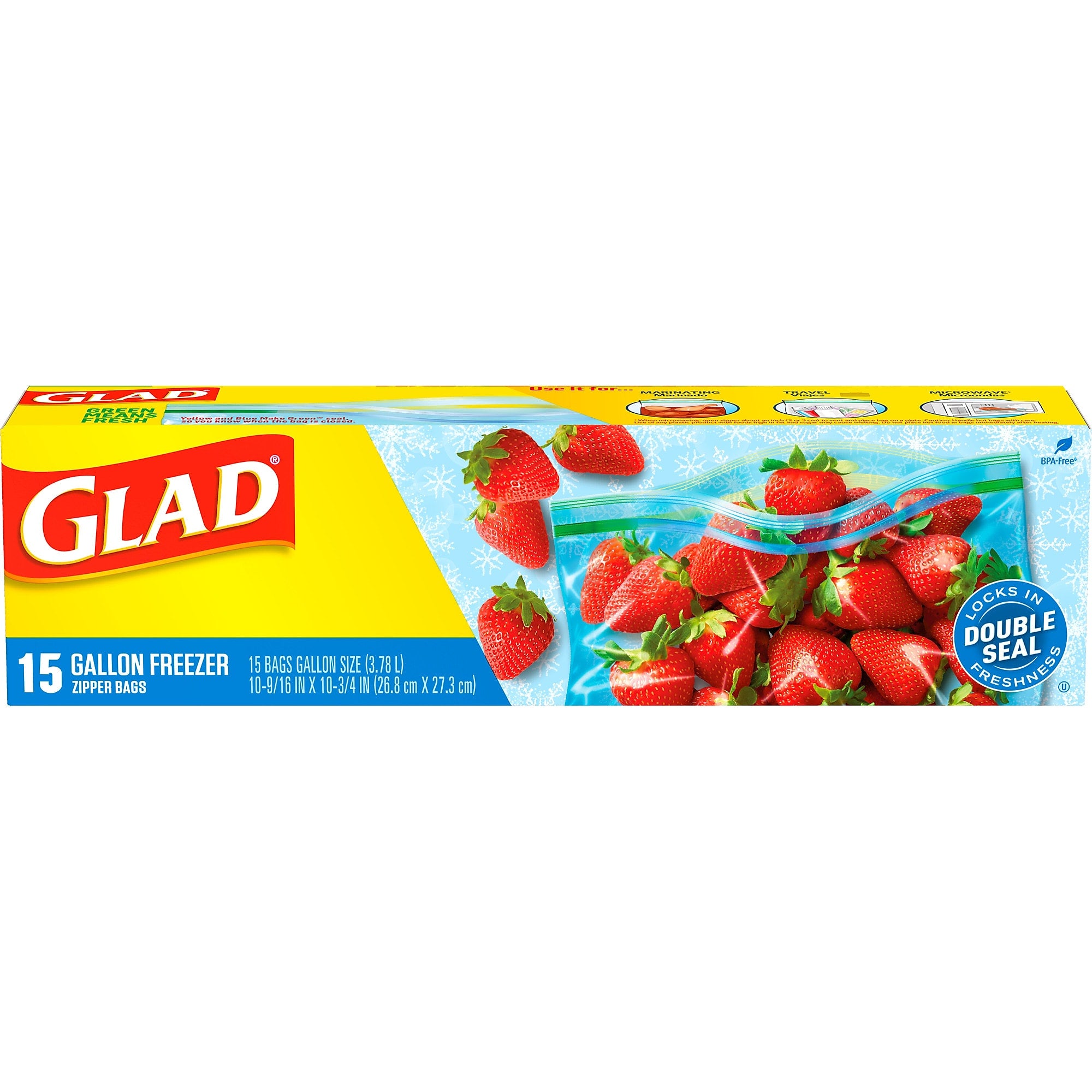 Glad Zipper Freezer Bags, Gallon, 15 Bags/Box (57034)