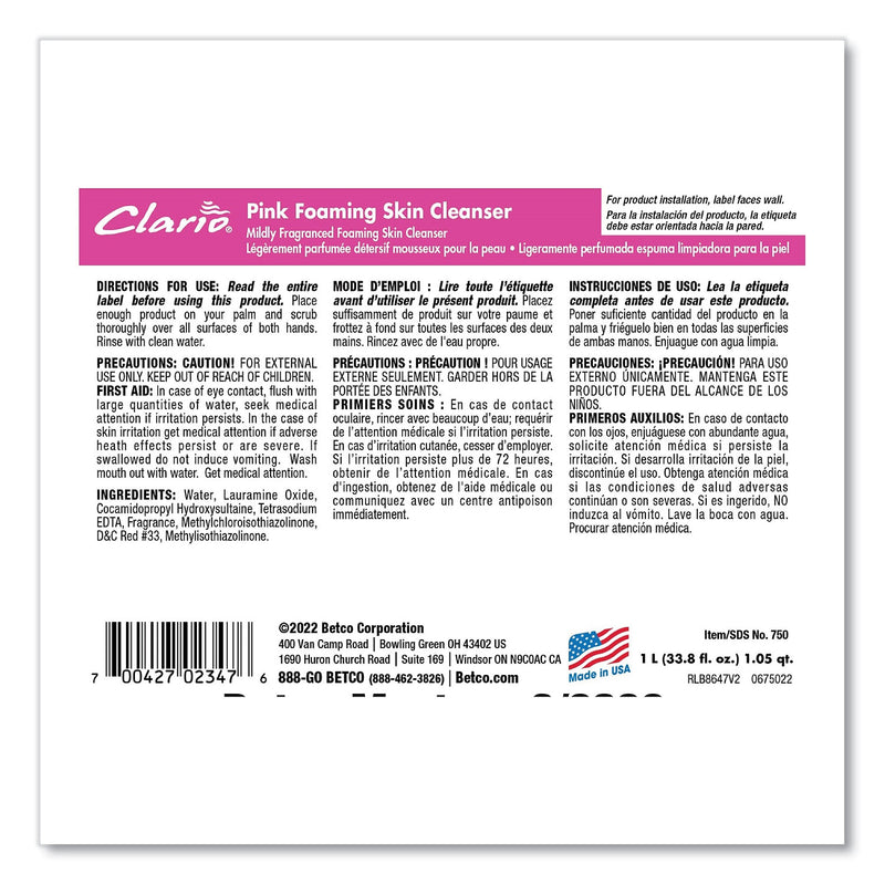 Betco Foaming Hand Soap, Fresh, 1,000 mL Refill, 6/Carton (BET7502900)