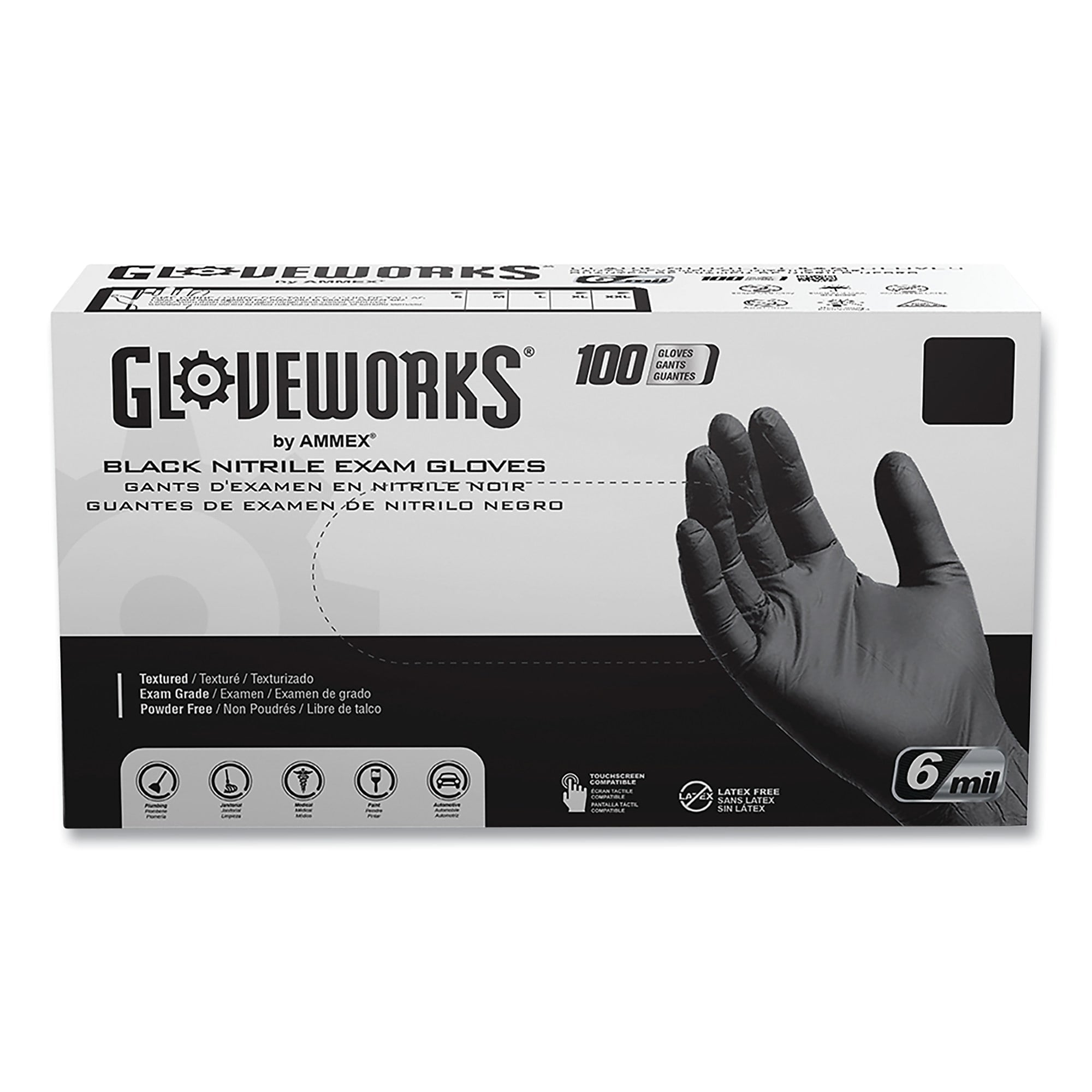GloveWorks by AMMEX Nitrile Exam Gloves, Powder-Free, 6 mil, Large, Black, 100 Gloves/Box, 10 Boxes/Carton