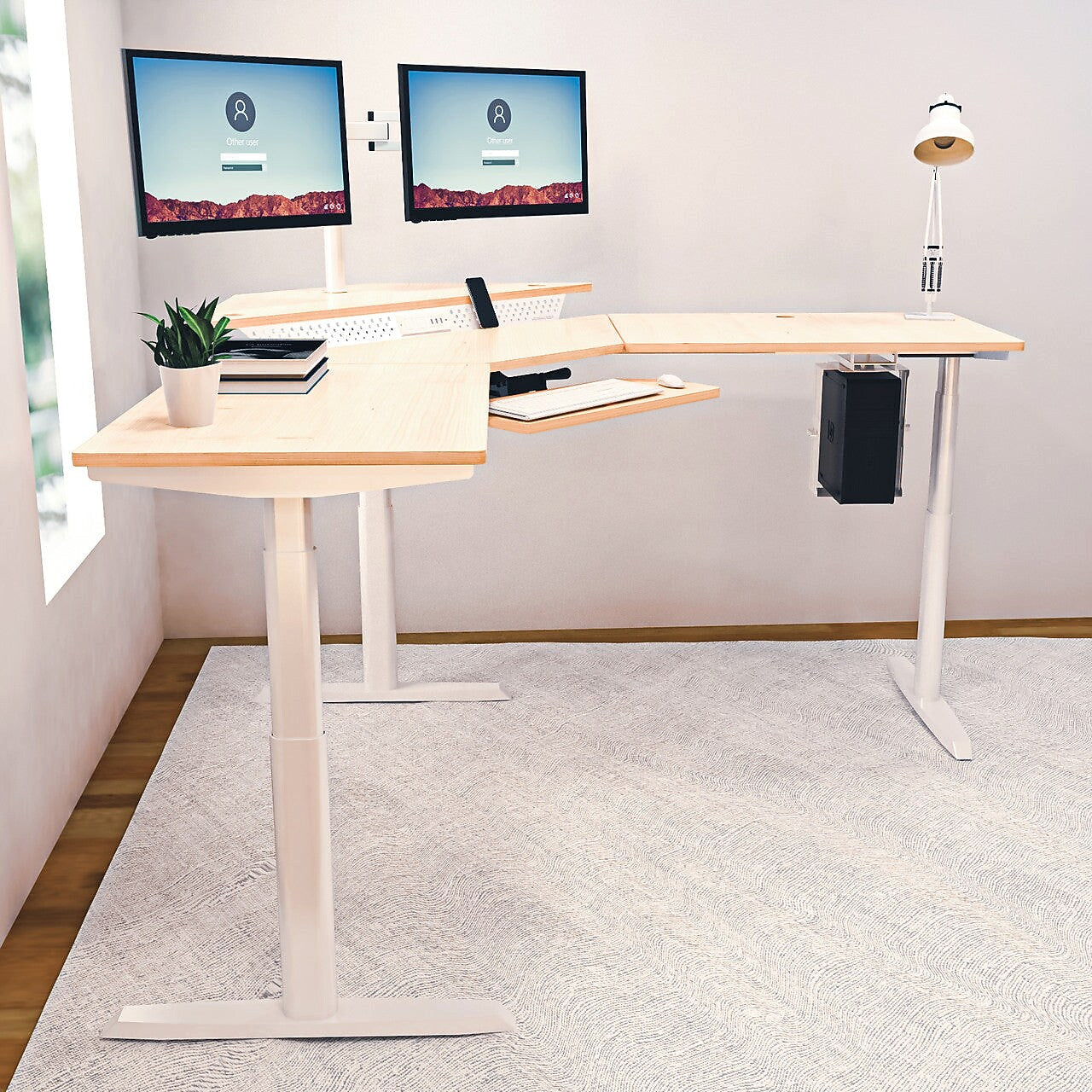 VersaDesk PowerLift 60"W Electric Corner Adjustable Standing Desk, Maple/White (PLCSD6072-WM-APP)
