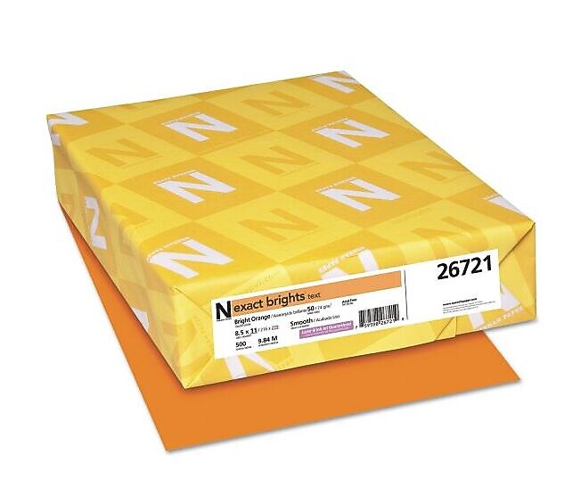 Exact Brights Colored Paper, 20 lbs., 8.5" x 11", Bright Orange, 500 Sheets/Pack (WAU26721)
