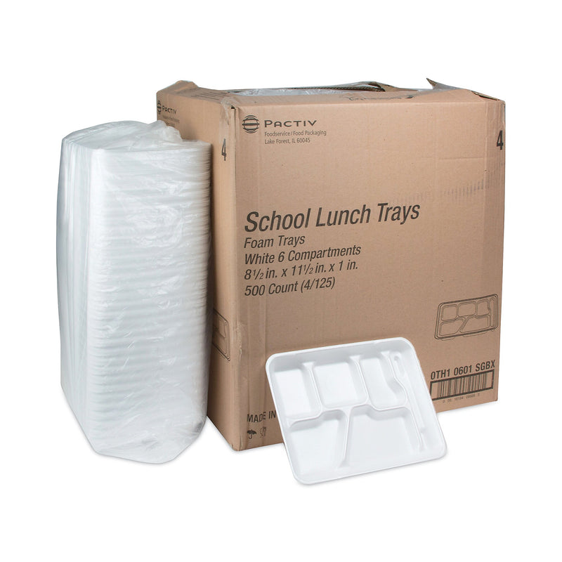Pactiv 6-Compartment School Lunch Trays, Foam, White, 500/Carton (0TH10601SGBX)