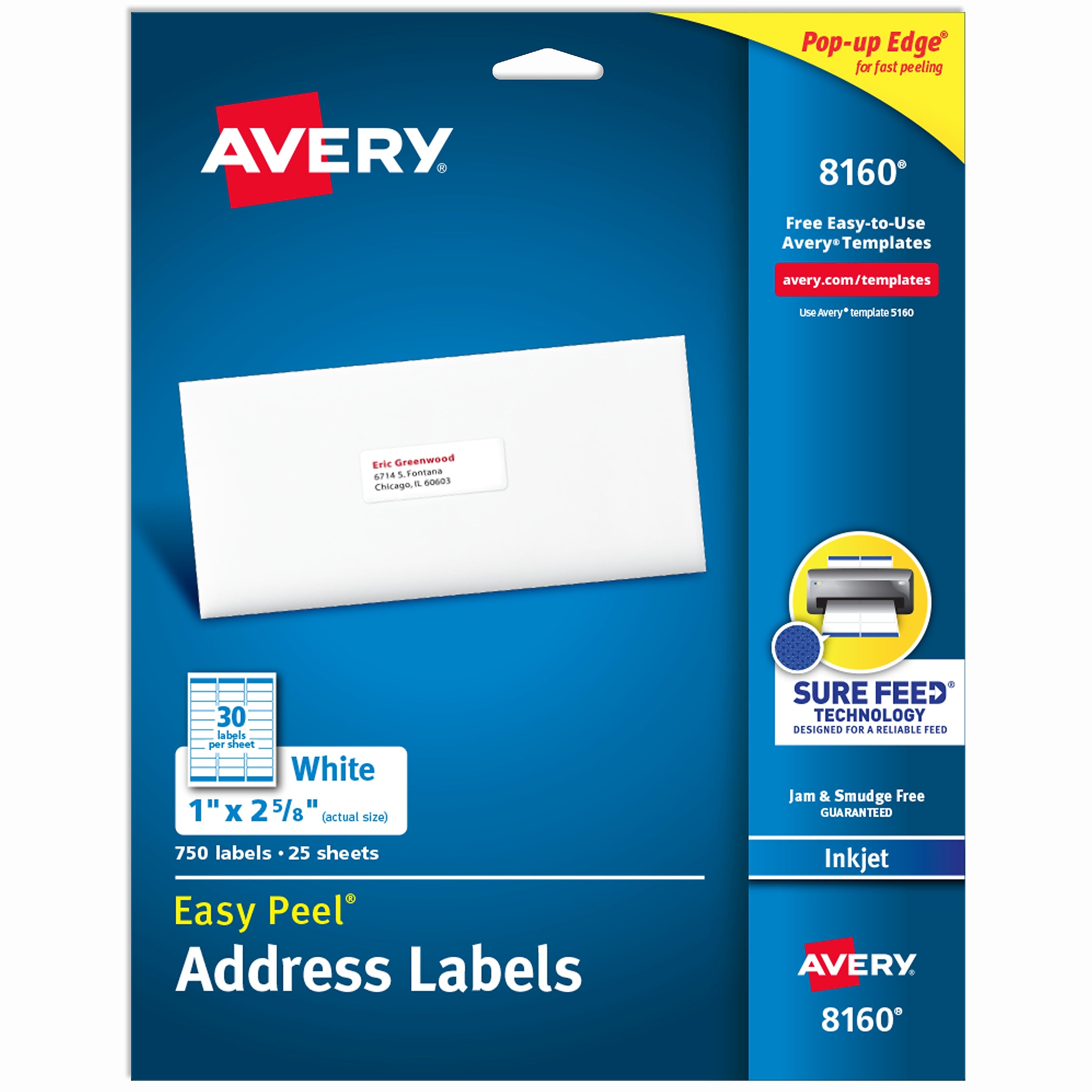 Avery Easy Peel Inkjet Address Labels, 1" x 2 5/8", Matte White, 750 Labels/Pack (8160)