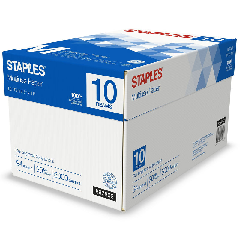 Staples Multiuse Copy Paper, 8.5" x 11", 20 lbs., 94 Brightness, 500 Sheets/Ream, 10 Reams/Carton (20472)