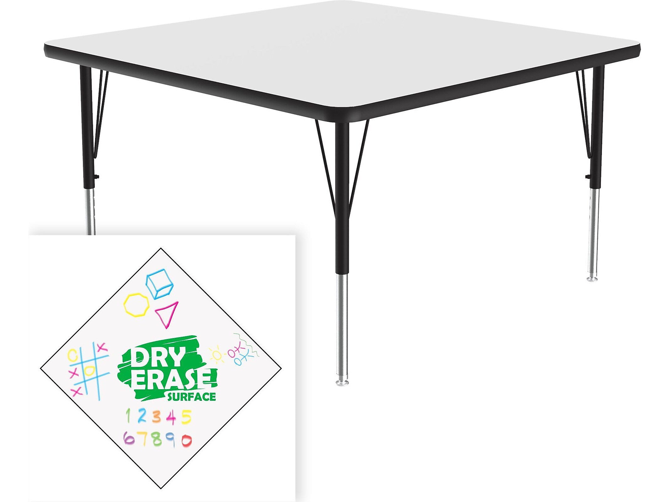 Correll Square Activity Table, 48" x 48", Height-Adjustable, Frosty White/Black (A4848DE-SQ-80)
