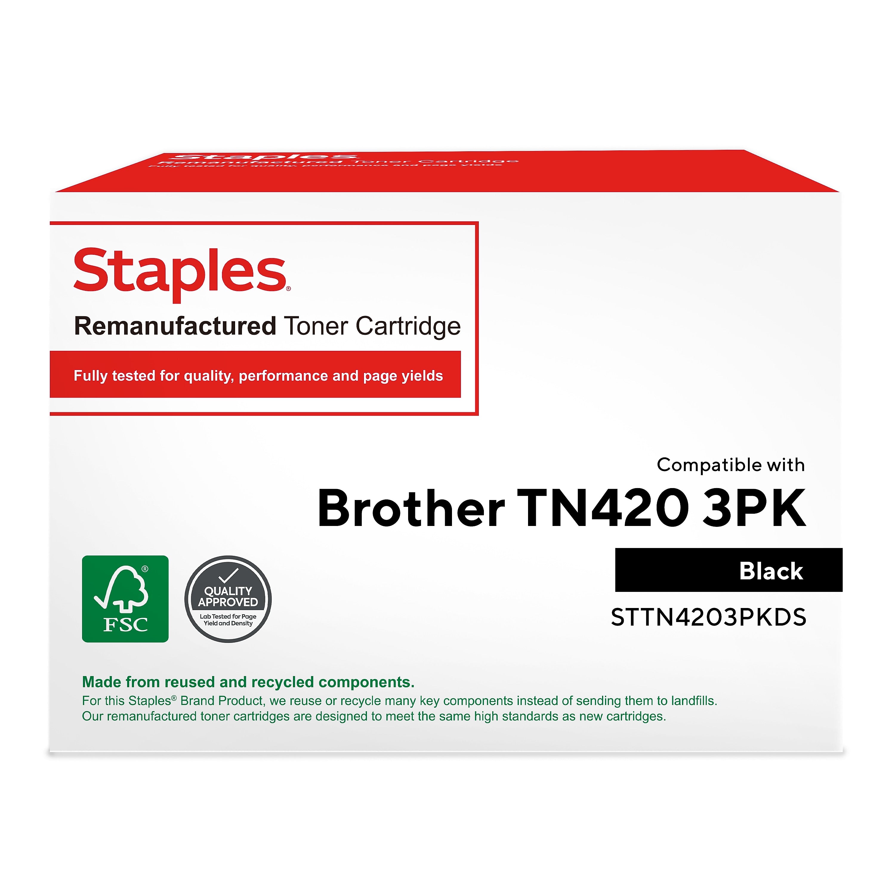 Staples Remanufactured Black Standard Yield Toner Cartridge Replacement for Brother TN420 (TRTN4203PKDS/STTN4203PKDS), 3/Pack