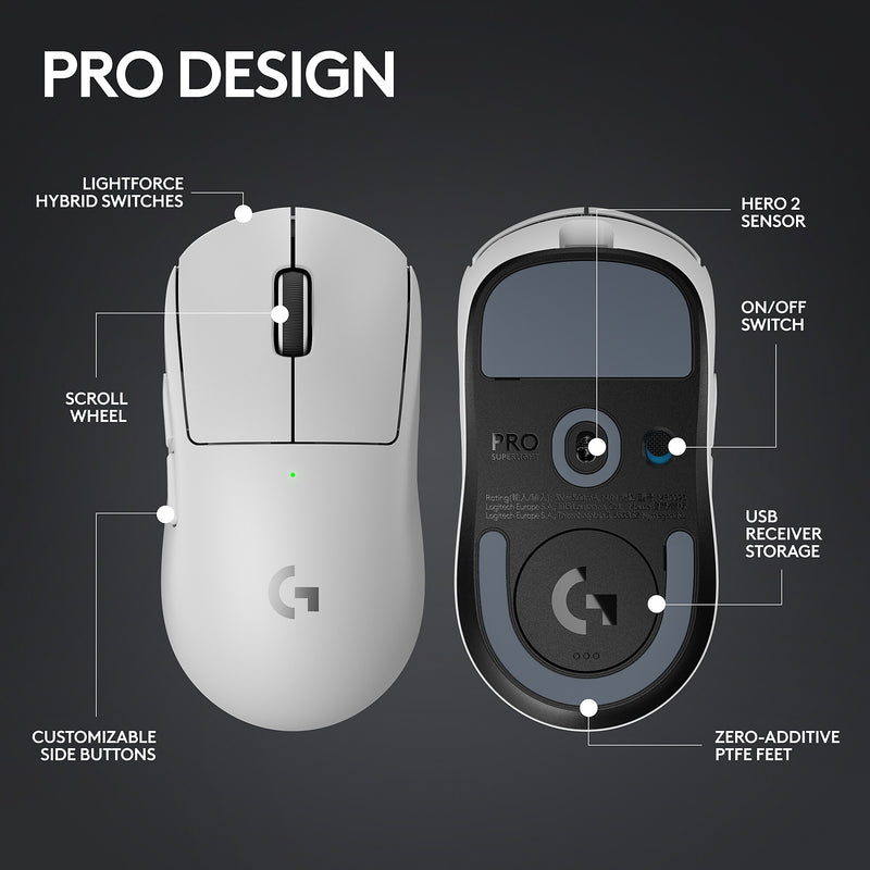 Logitech PRO X Superlight 2 Wireless Optical Gaming Mouse, White (910-006636)