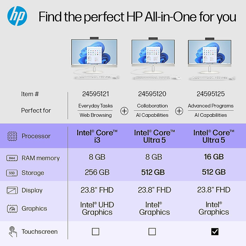 HP 24-cr0026 23.8" All-in-One Desktop Computer, Intel Core i3-N300, 8GB Memory, 256GB SSD (9W2H5AA#ABA)
