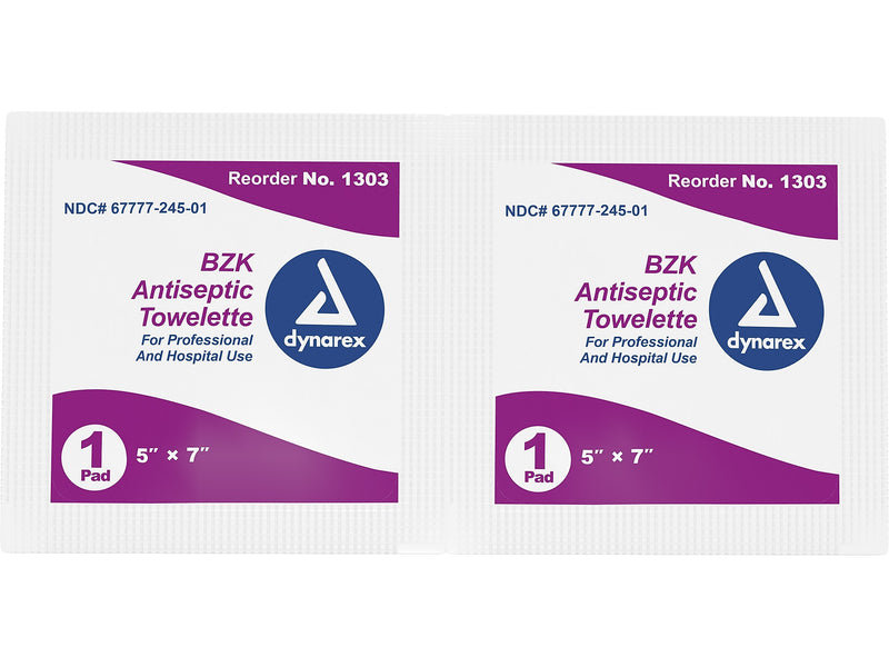 Dynarex 0.13% Benzalkonium Chloride Antiseptic Wipe, 100/Pack, 5 Packs/Case (1303)