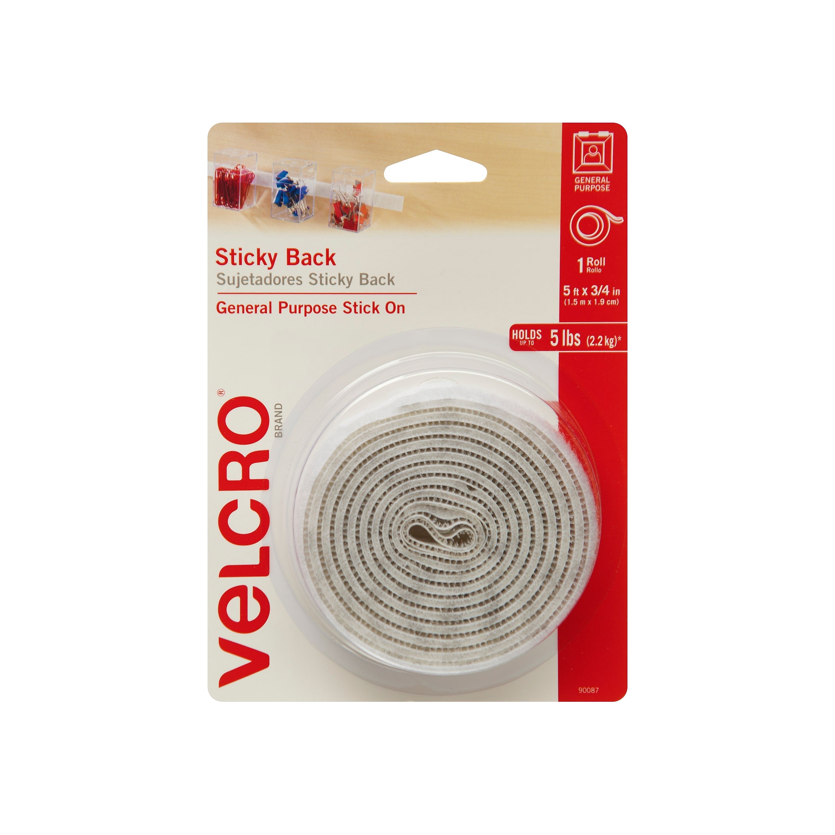 Velcro® Brand 3/4" x 5' Sticky Back Hook & Loop Fastener Roll, White (90087)
