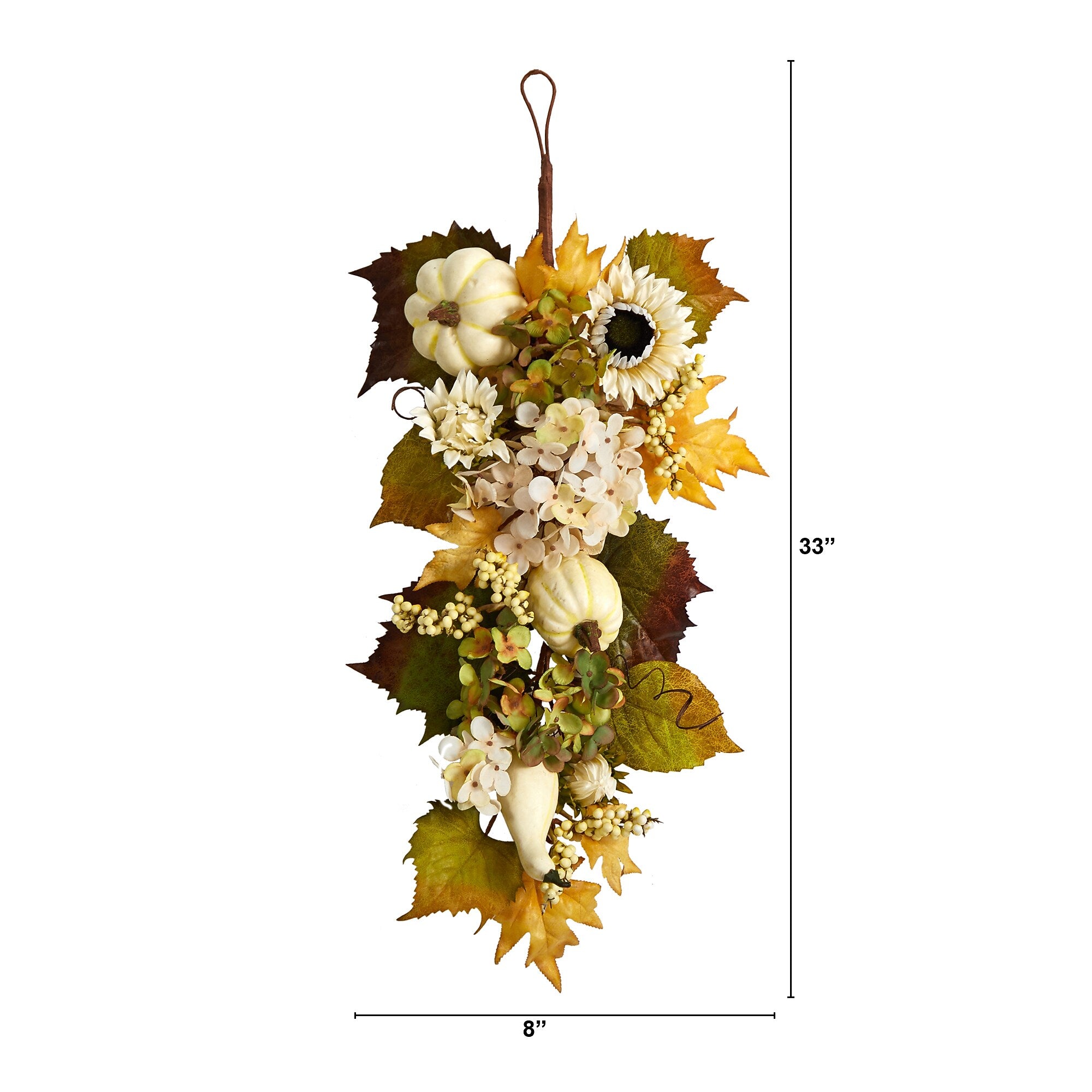 Nearly Natural 33" Fall Sunflower, Hydrangea and White Pumpkin Artificial Autumn Teardrop (W1241)