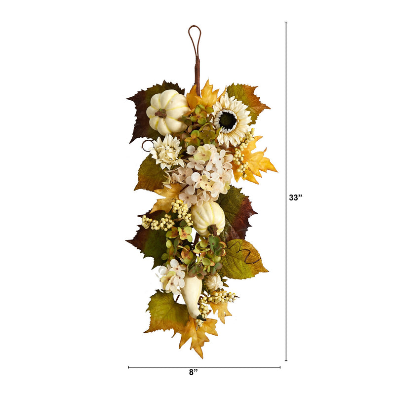 Nearly Natural 33" Fall Sunflower, Hydrangea and White Pumpkin Artificial Autumn Teardrop (W1241)