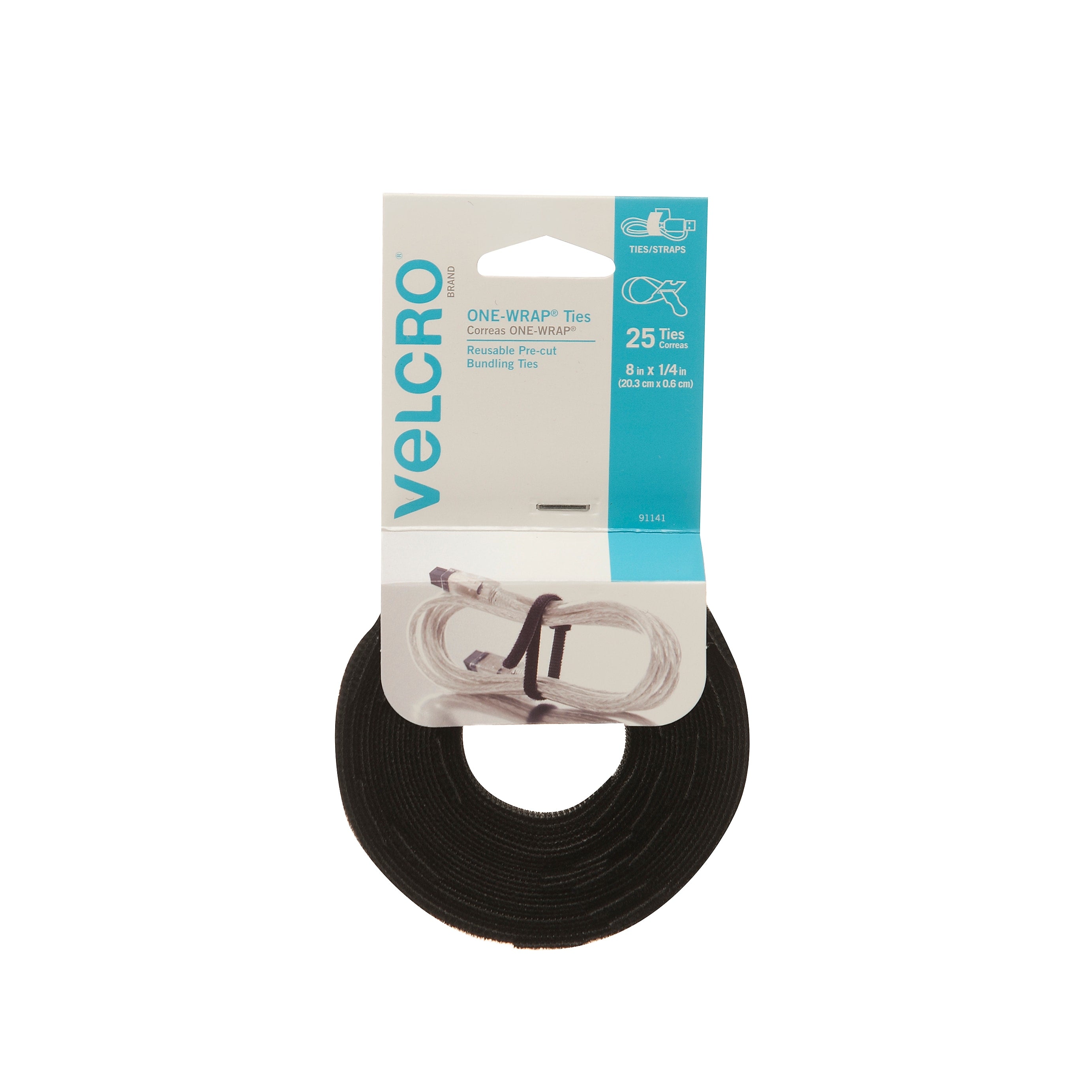 Velcro Brand One-Wrap Thin Cable Ties 1/4" x 8", Black, 25/Pack (91141)